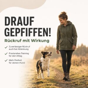 Das Produktbild für "Drauf gepfiffen!" zeigt eine Halterin und ihren Hund auf einem Feldweg in freundlicher, zugewandter Stimmung.